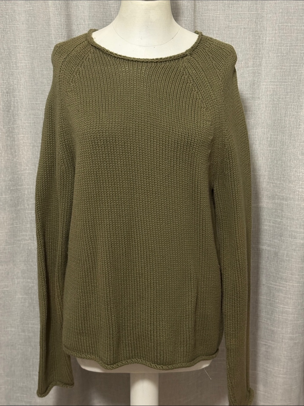 Cotton Knit J Crew Mercantile Sweater-Sz M-Olive-Rolled Neck/Cuff/Hem Detail-GUC